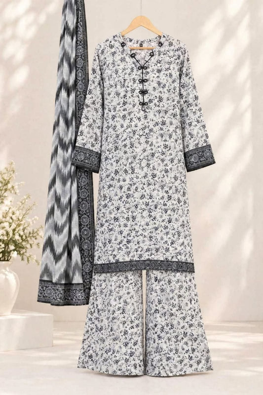 Monochrome Floral Printed 3-Piece Suit