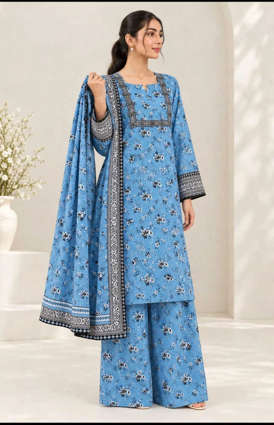 Sky Blue Floral Printed 3-Piece Suit