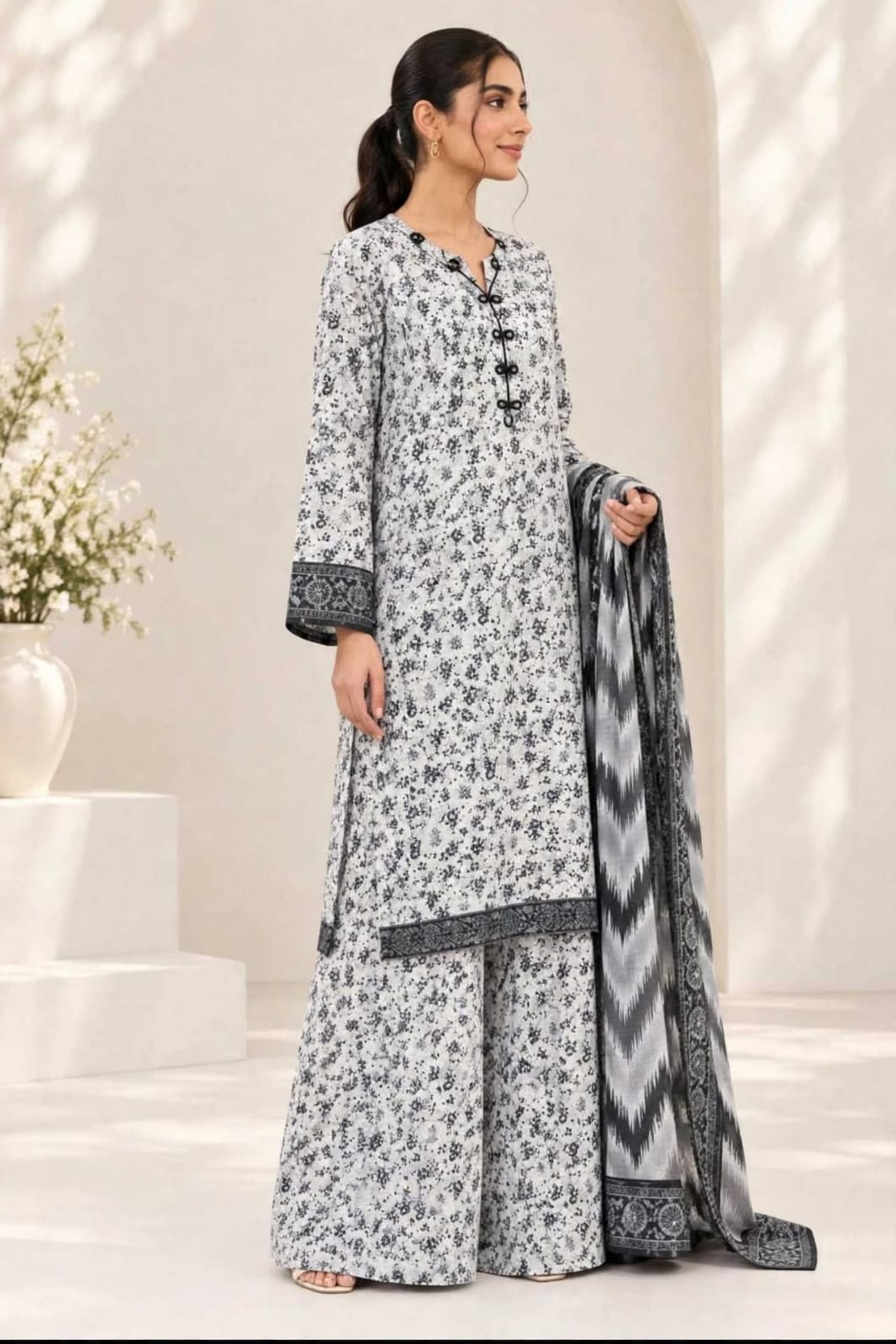Monochrome Floral Printed 3-Piece Suit