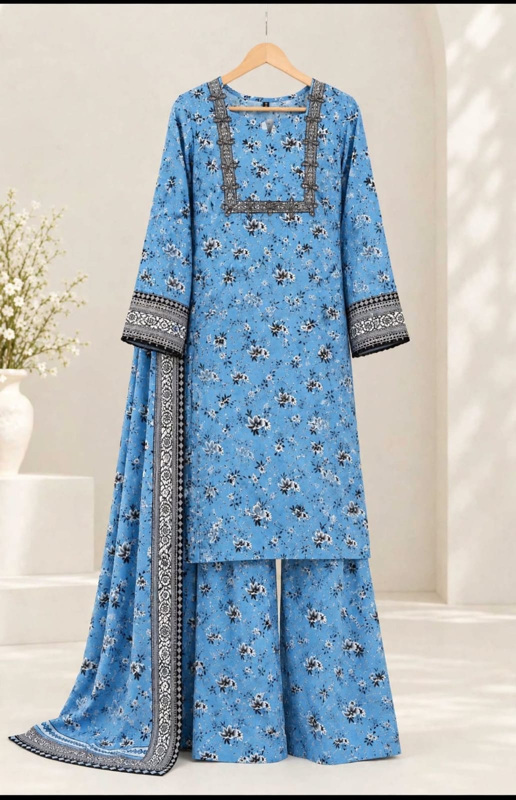 Sky Blue Floral Printed 3-Piece Suit