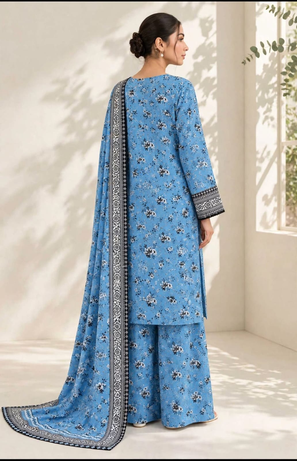 Sky Blue Floral Printed 3-Piece Suit