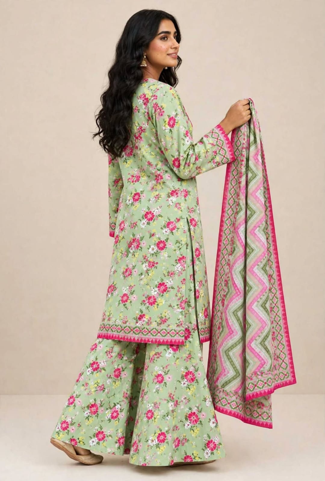 Pink & Green Floral Printed suit